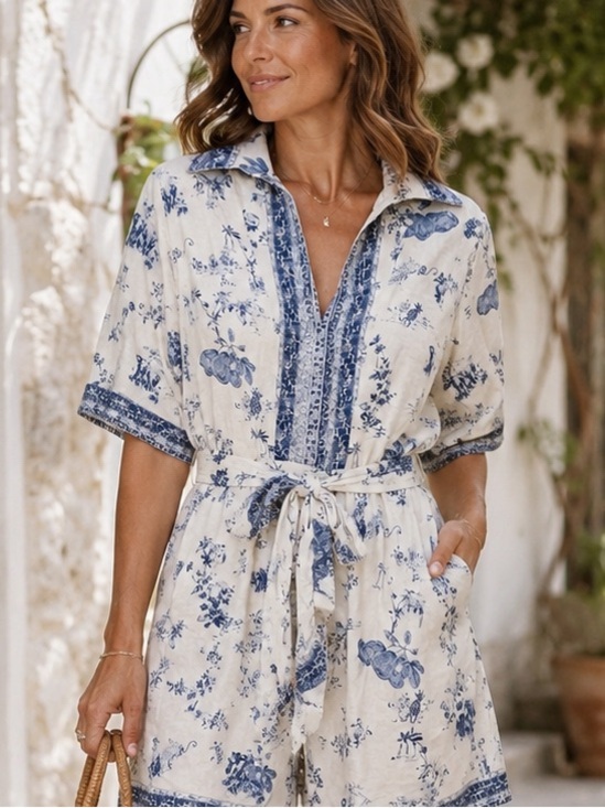 Calypso St. Barth Dresses & Skirts - Calypso St. Barth Blue White Toile Linen Mini Dress Boho Coastal Resort Medium